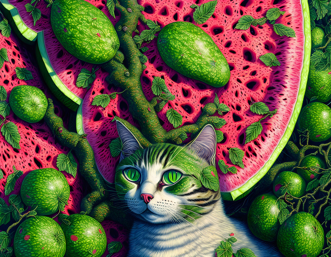 Colorful Cat Artwork with Watermelon and Lime Patterns in Fruit and Foliage Setting