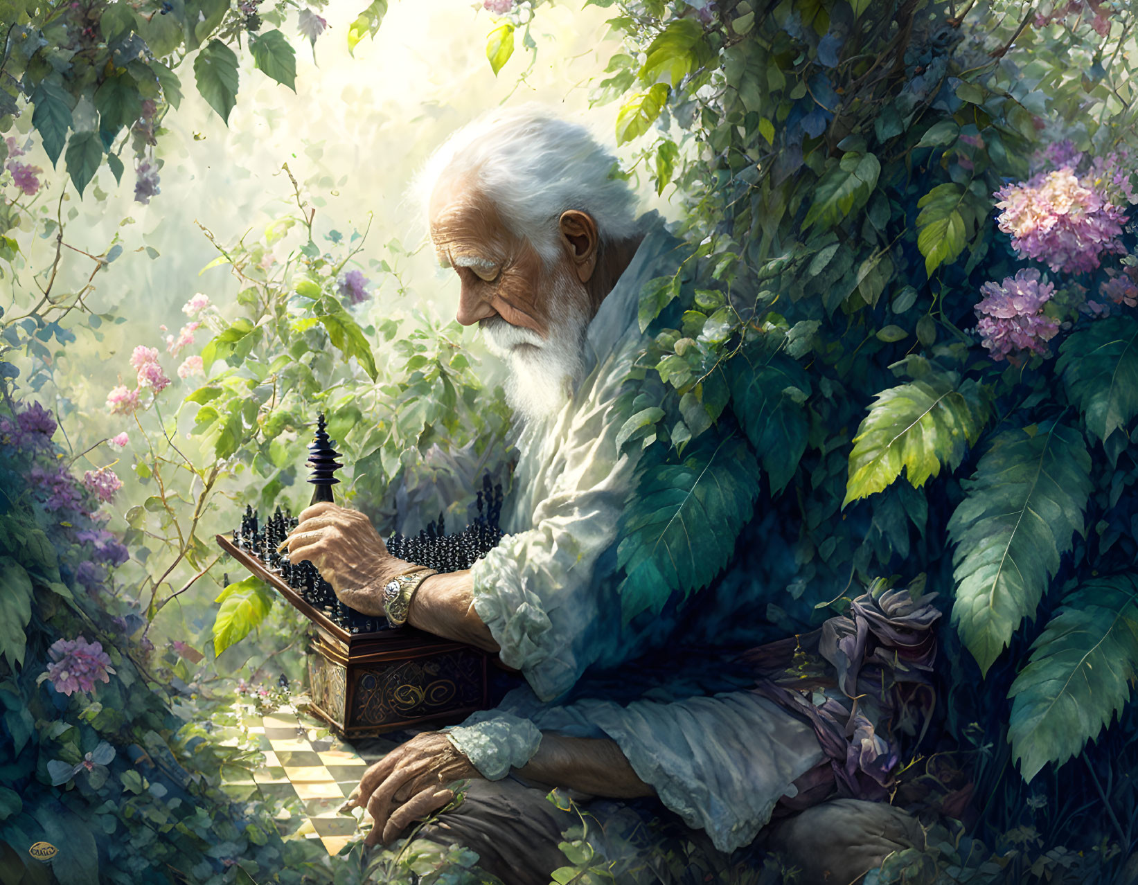 Elderly man playing chess in lush greenery and flowers