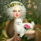 Classical Attire Figure with White Cat and Laurel Crown among Roses