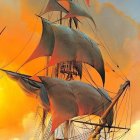 Majestic sailing ship on turbulent seas at sunset