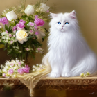 White Long-Haired Cat with Blue Eyes Beside Bouquet on Golden Background