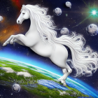 White horse with flowing mane gallops on vibrant green planet