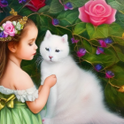 Young girl in floral dress with white cat in vibrant garden