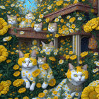 Four kittens blend in with yellow daisies and tree in painting