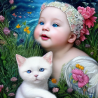 Illustration of child with blue eyes and kittens in floral setting