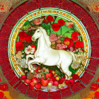 White horse with decorative saddle, red apples, and greenery on red background