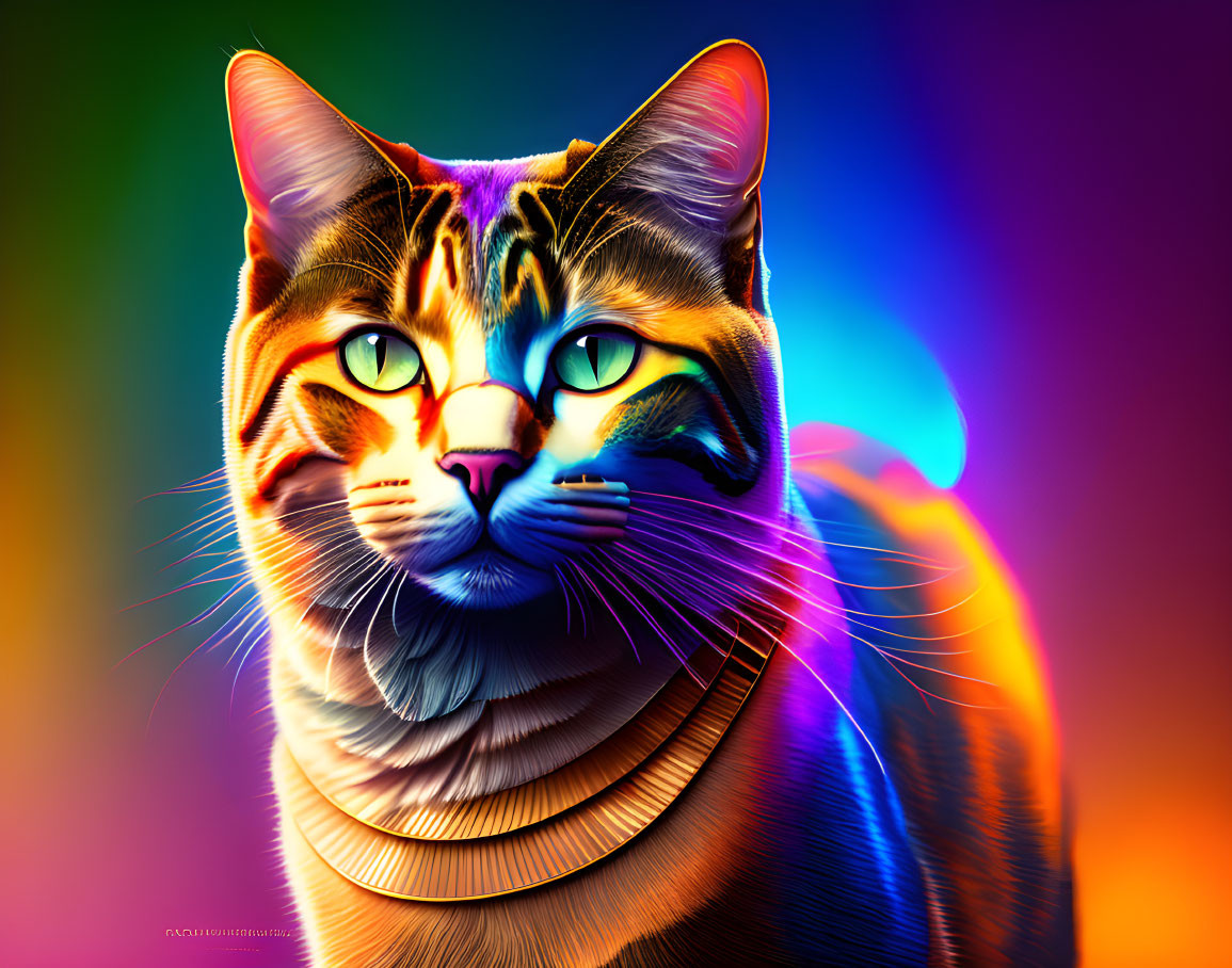 Colorful Digital Art: Cat with Blue Eyes & Rainbow Fur