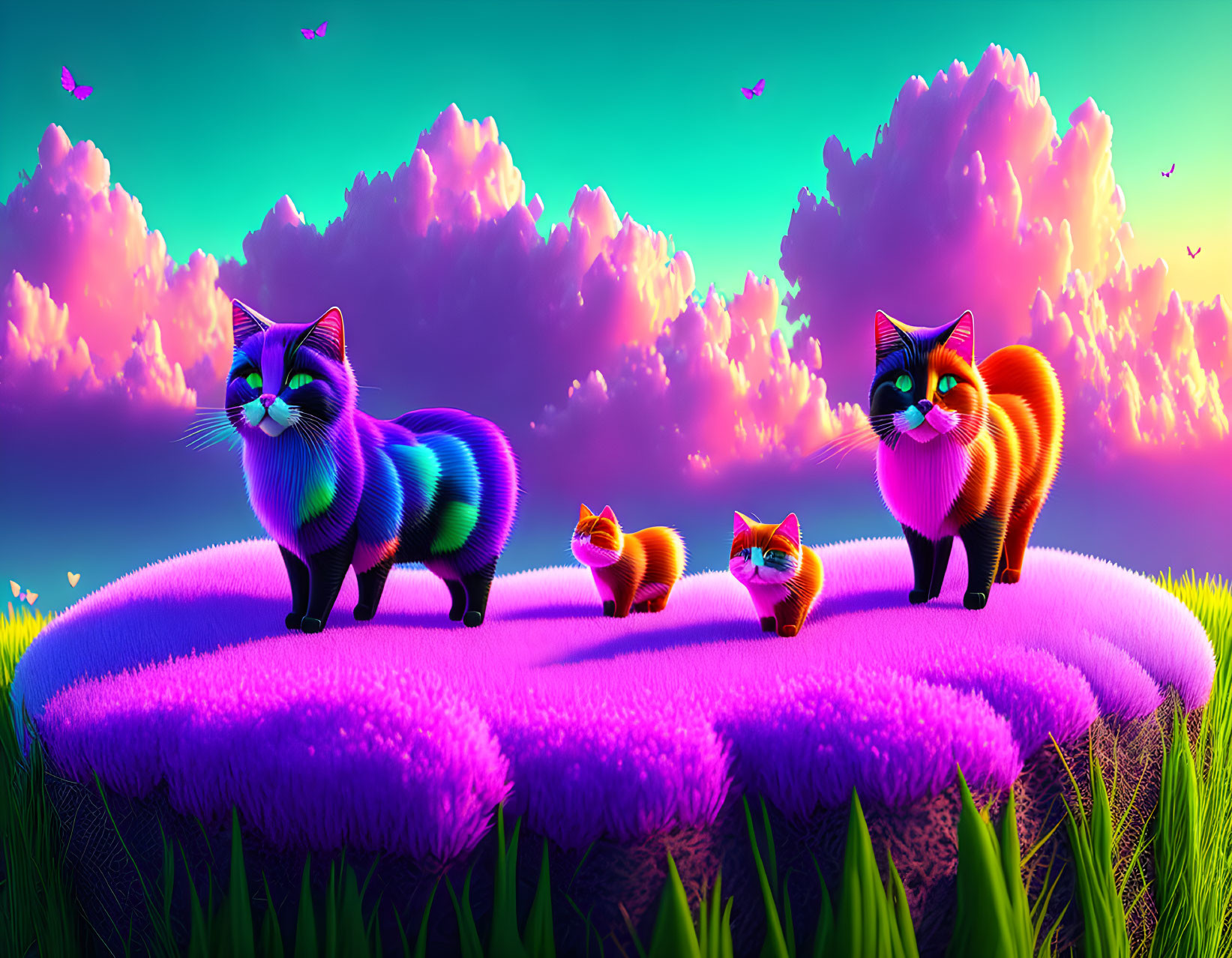 Colorful Exaggerated Cats on Fantasy Meadow with Birds