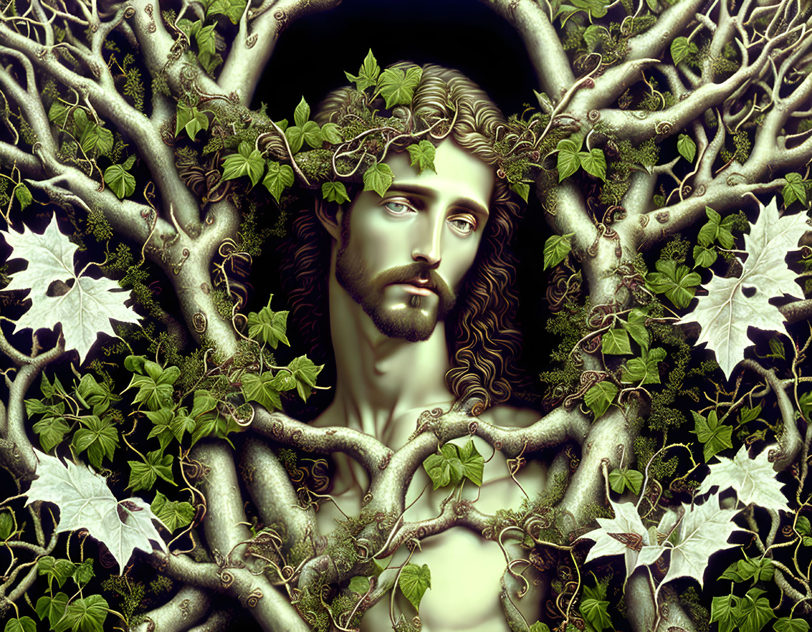 Man with serene expression framed by intricate tree branches and leaves