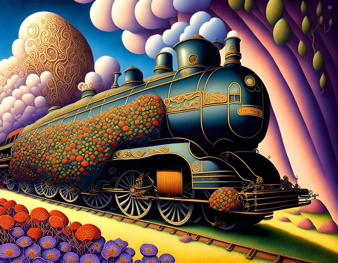 Colorful vintage train with floral decorations in surreal landscape.