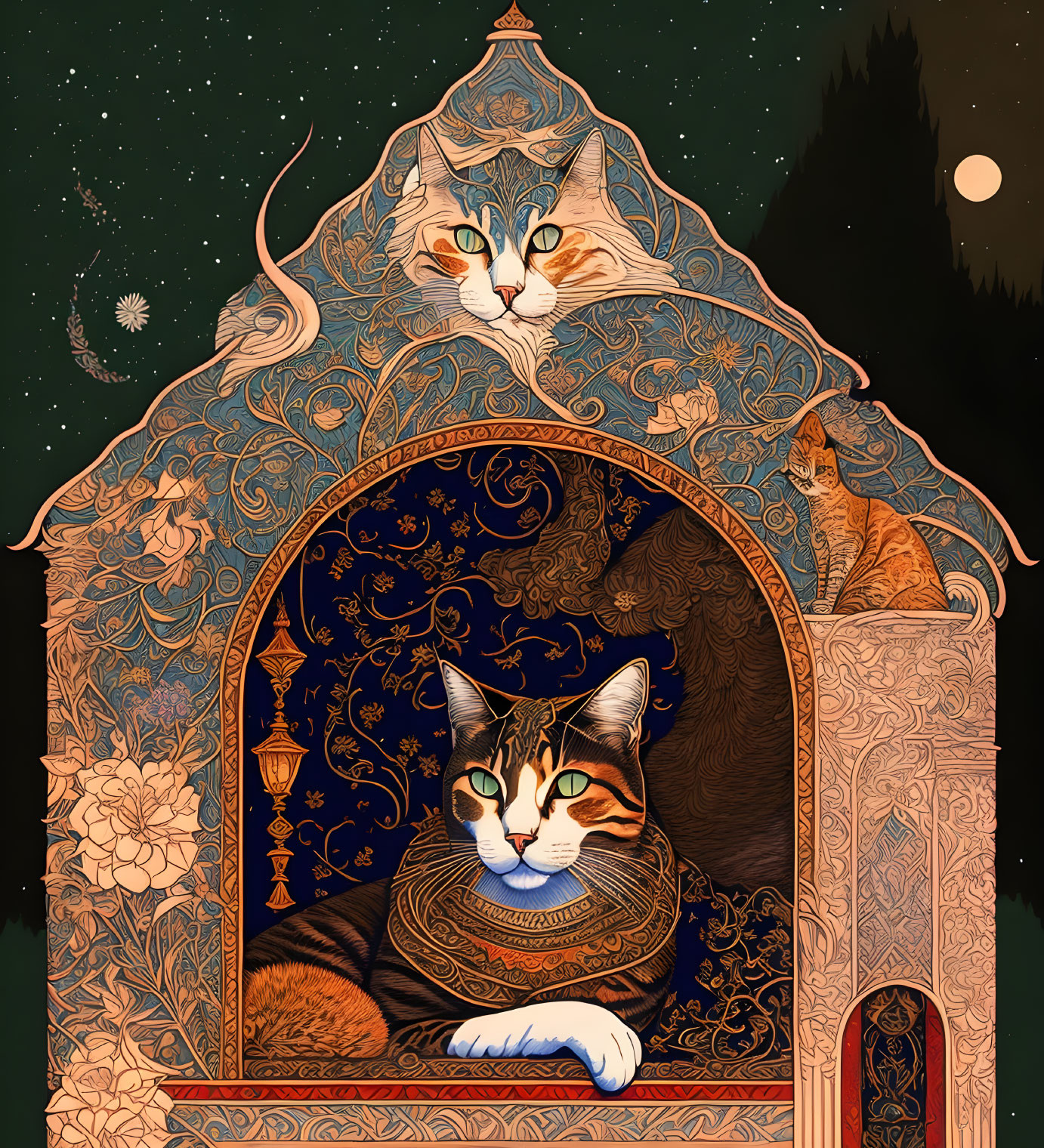 Detailed illustration of cats in ornate arch frames with floral designs on starry night sky