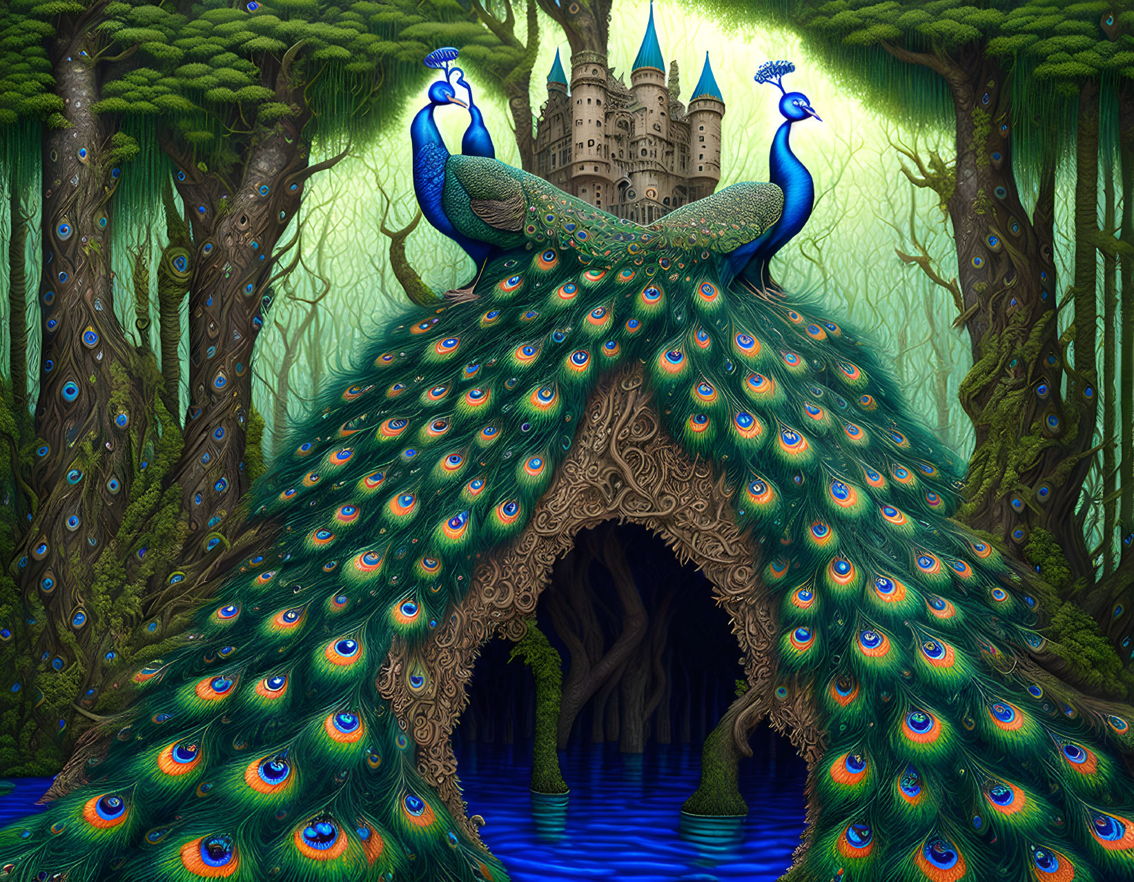 Two peacocks in front of a castle with vibrant tails in lush forest