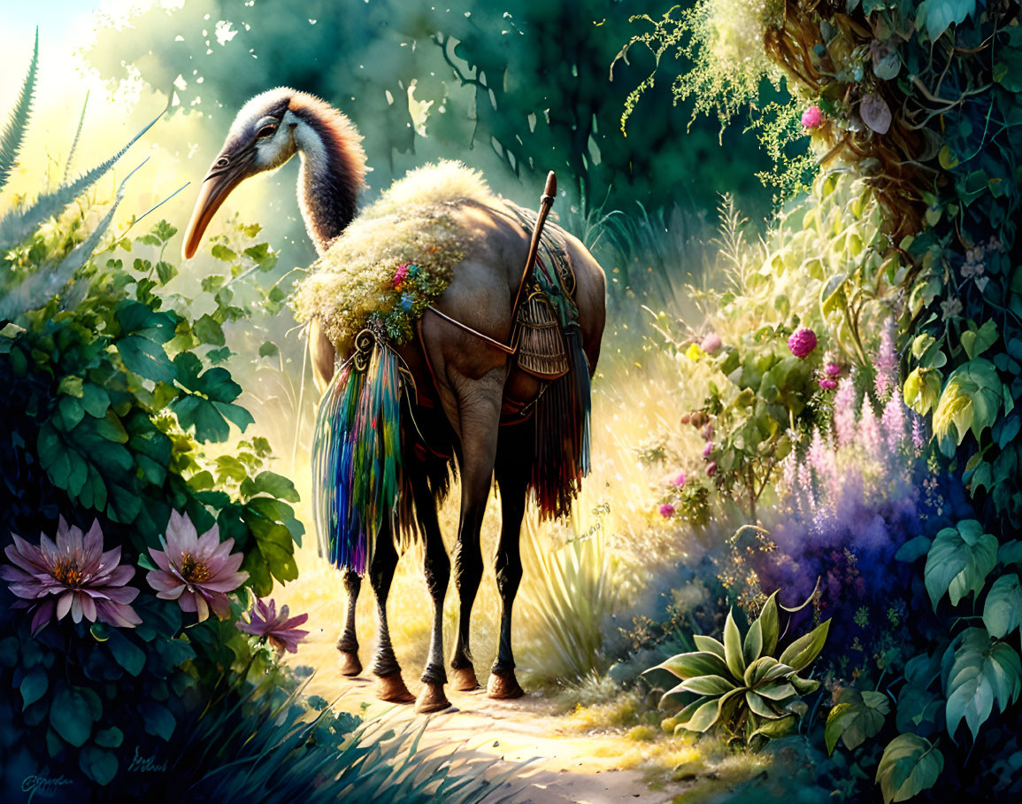 Colorful deer-bird creature in magical forest with tassels and flowers