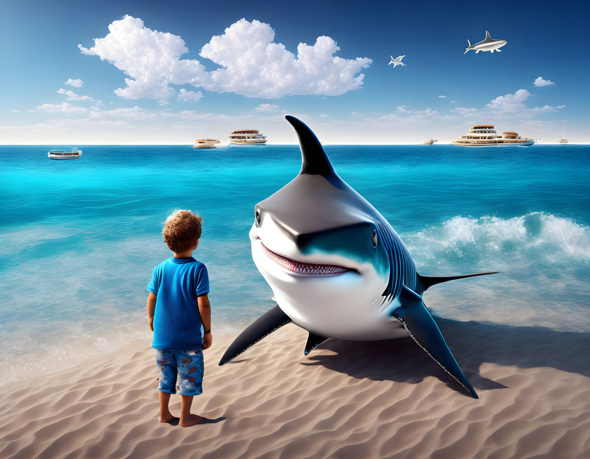 Boy on sandy beach faces large playful shark with yachts on horizon.