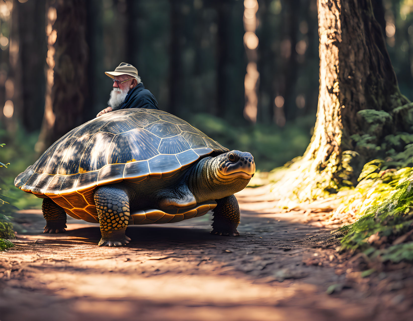 Elderly man with beard rides giant tortoise on forest trail