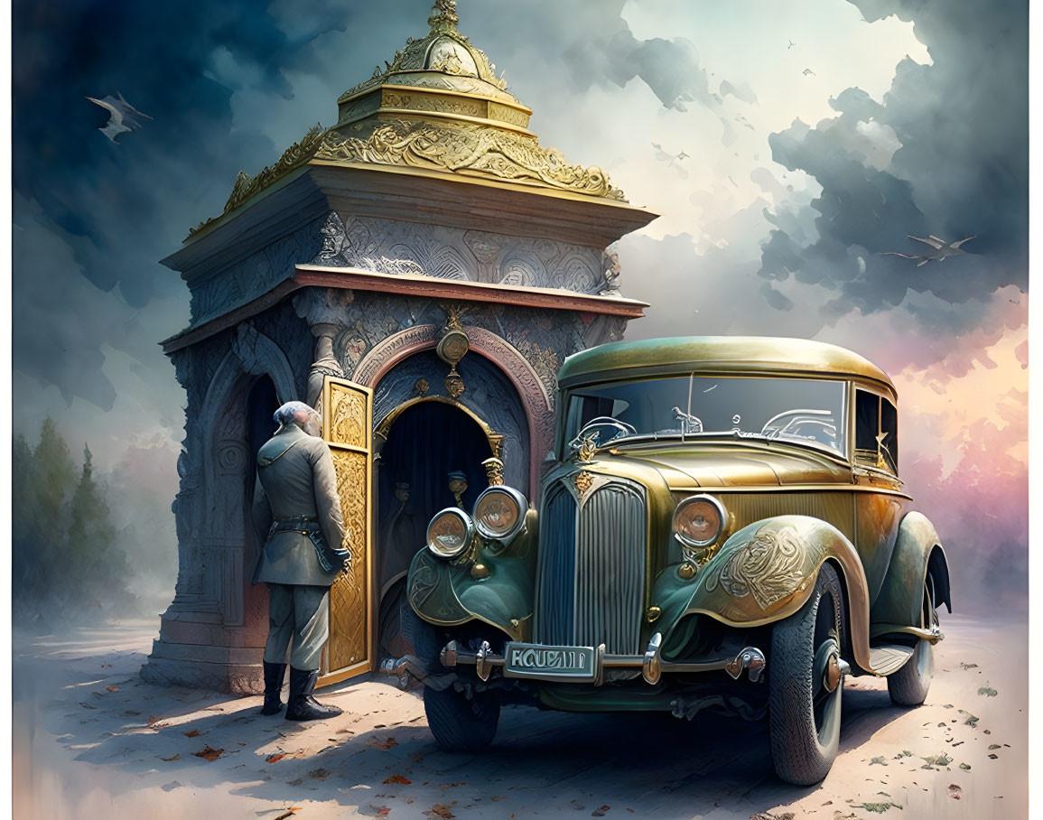 Vintage car parked next to ornate traditional building with man in coat under dramatic sky