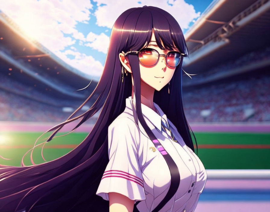 Long Black-Haired Anime Girl with Sunglasses at Stadium in Sunlight