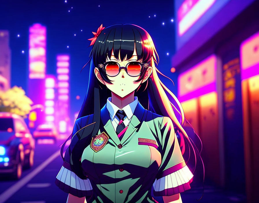 Black-Haired Anime Girl with Headband and Glasses in Neon-Lit Cityscape