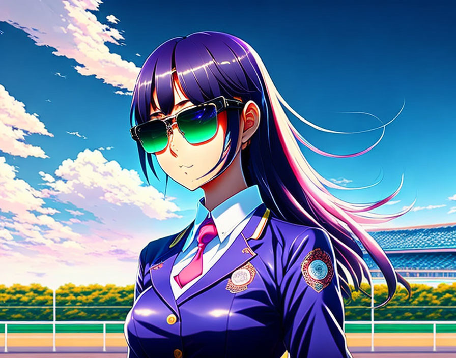 Anime character with purple hair and sunglasses in blue school uniform on blue sky backdrop