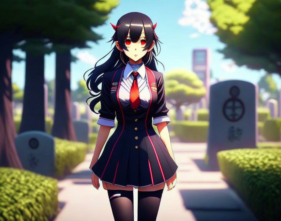 Long-haired anime girl with horns in school uniform on sunny pathway with Japanese text sign