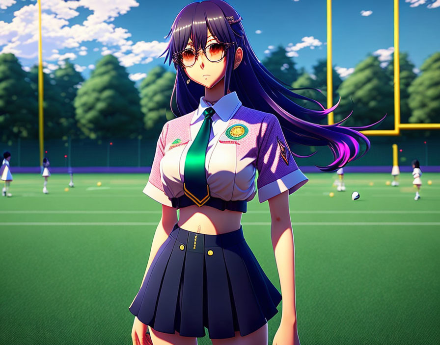 Animated character with long black hair, glasses, and school uniform in front of sunny sports field.