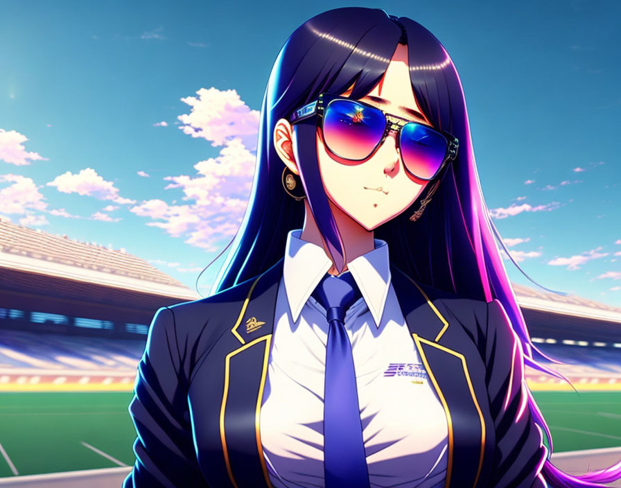 Stylized digital artwork of animated female character with purple hair and sunglasses in school uniform at stadium