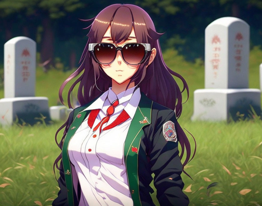 Illustration of woman with long brown hair, sunglasses, green jacket with badges, and red tie in