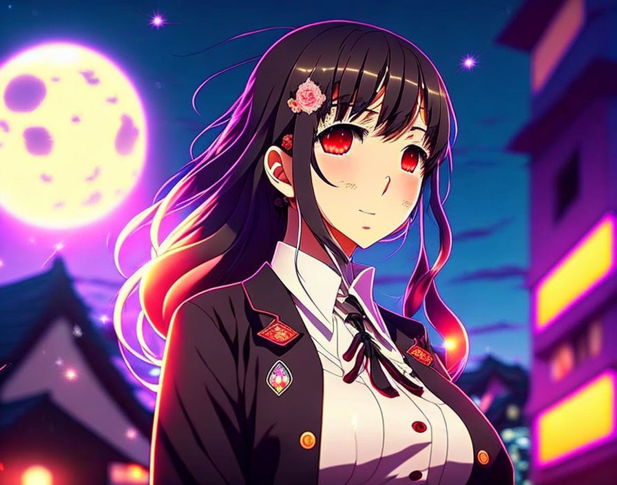 Female animated character in school uniform under neon city lights at dusk.