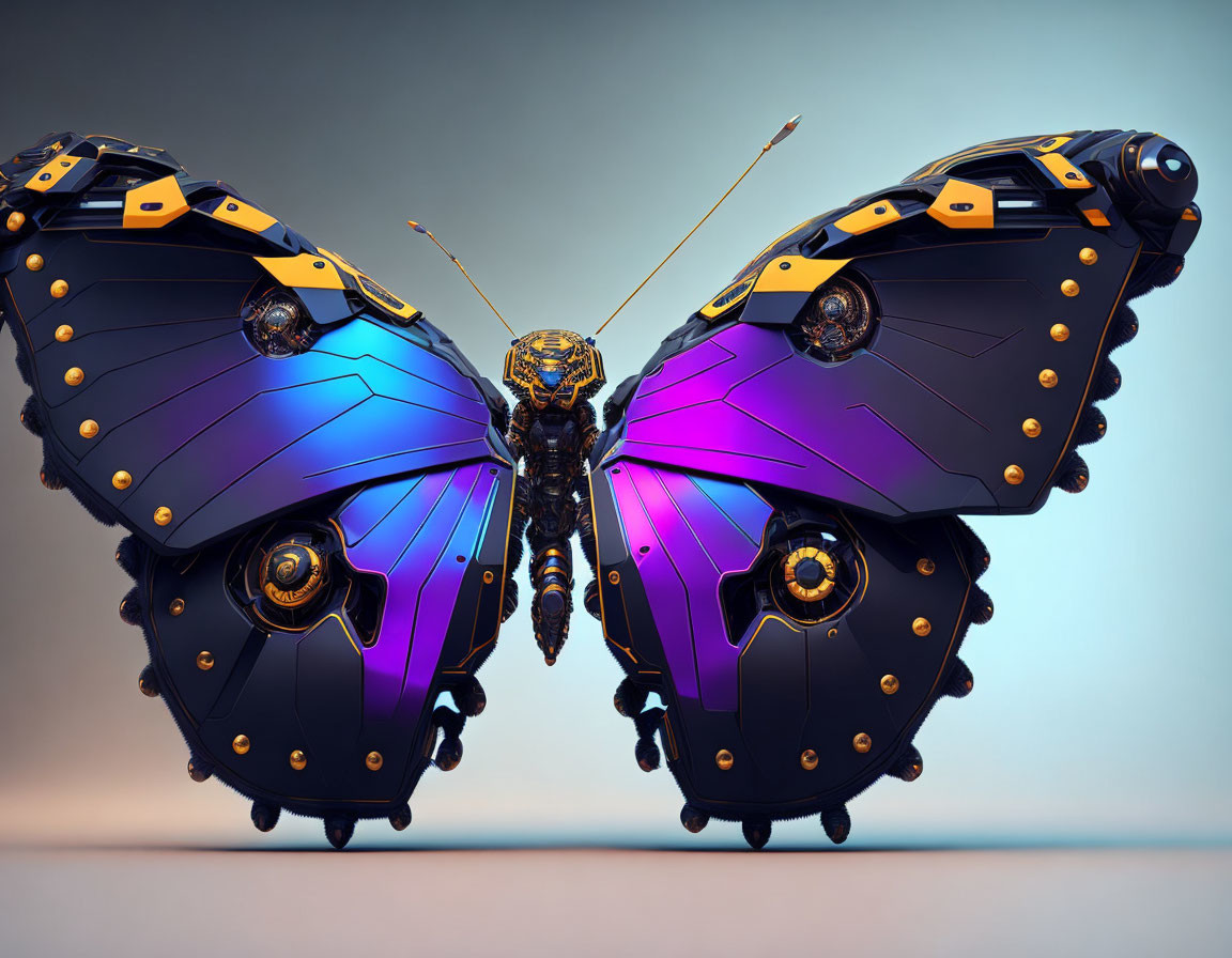 Iridescent mechanical butterfly art with blue-purple wings