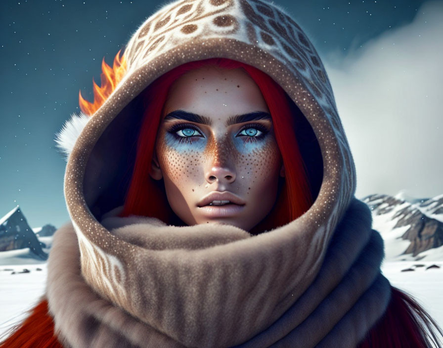 Digital artwork of woman with red hair, blue eyes, and freckles in snowy mountain scene