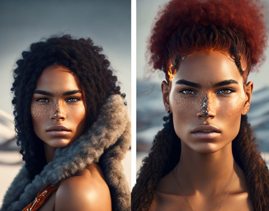 Portraits of woman with striking features and textured hair, one in fur clothing, the other with red