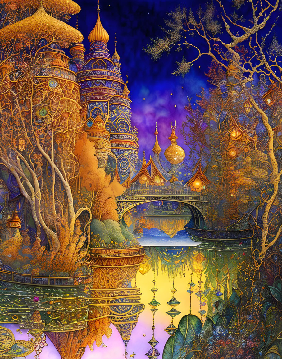 Vibrant fantasy landscape with ornate towers, starry sky, arched bridge, and intricate