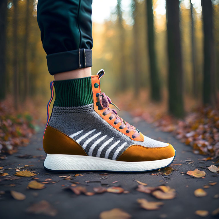 Trendy brown and gray sneaker in autumn forest setting