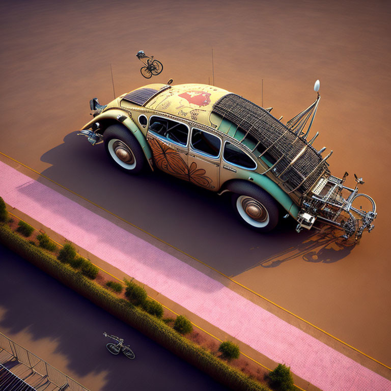 Elaborately Designed Vintage Car and Person on Bike in Desert Scene