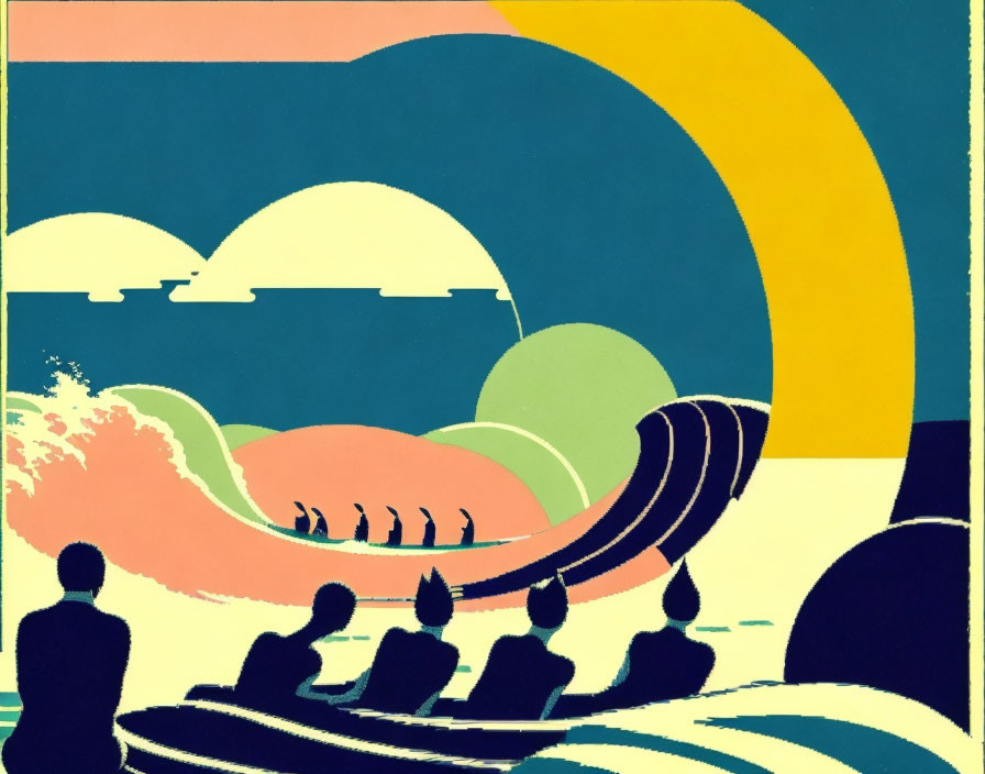 Vibrant abstract art: figures on boat, waves, sun, hills, and spectators.