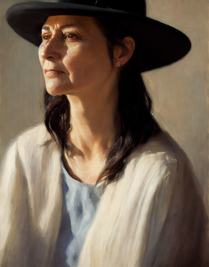 Contemplative woman in black hat and white blouse under soft light