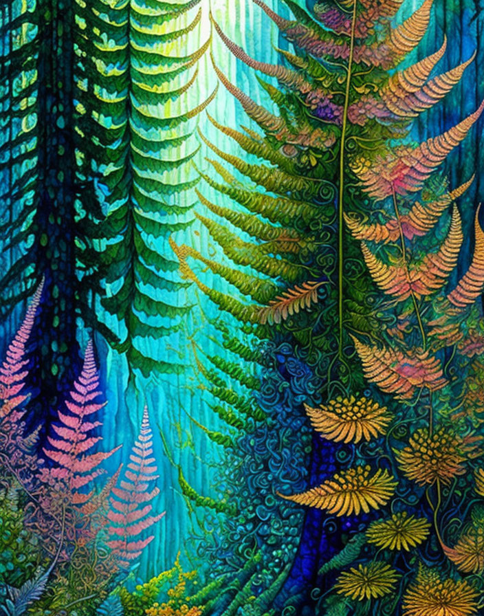 Colorful Forest Scene with Stylized Foliage in Green, Blue, and Yellow