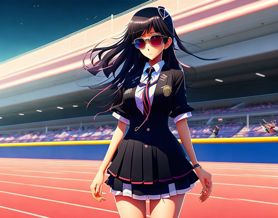 Long-haired animated girl in school uniform and sunglasses on track field with stadium seats