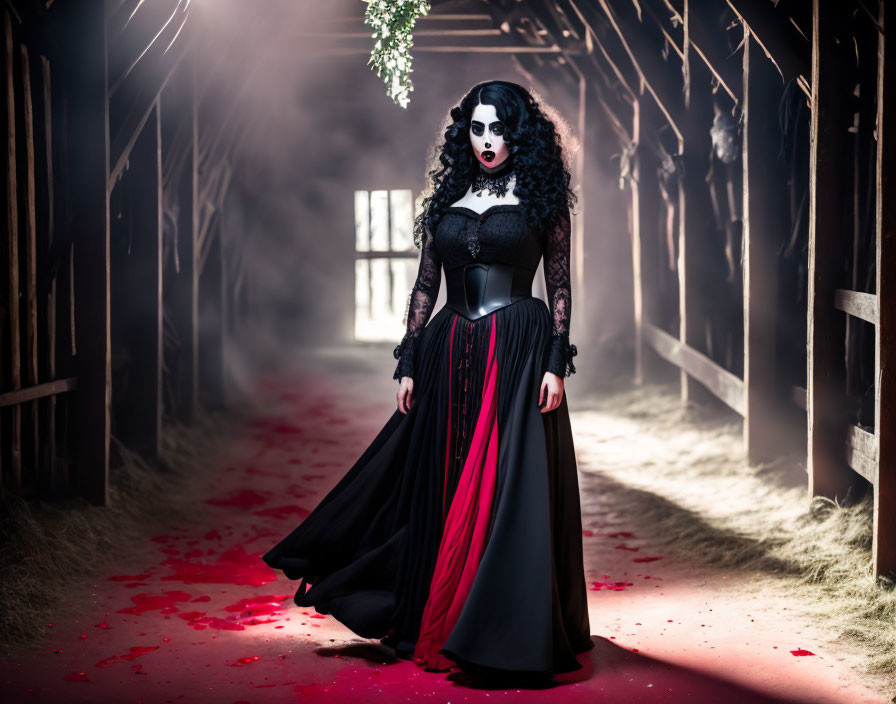 Gothic woman in misty barn with red petals and dramatic lighting