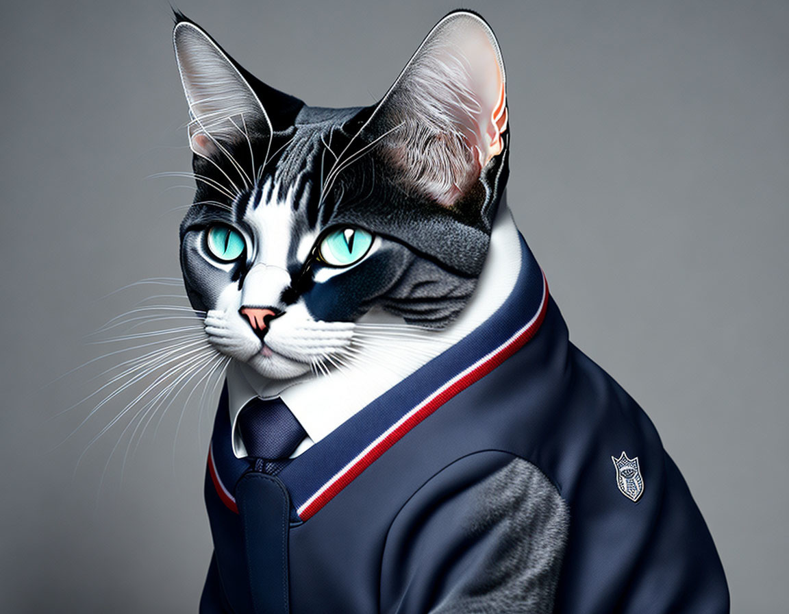 Cat with Human-like Features in Formal Suit on Gray Background