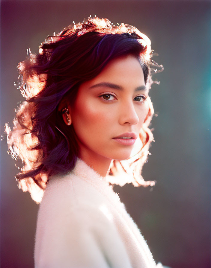 Portrait of woman with backlit hair and subtle smile in light coat and earring