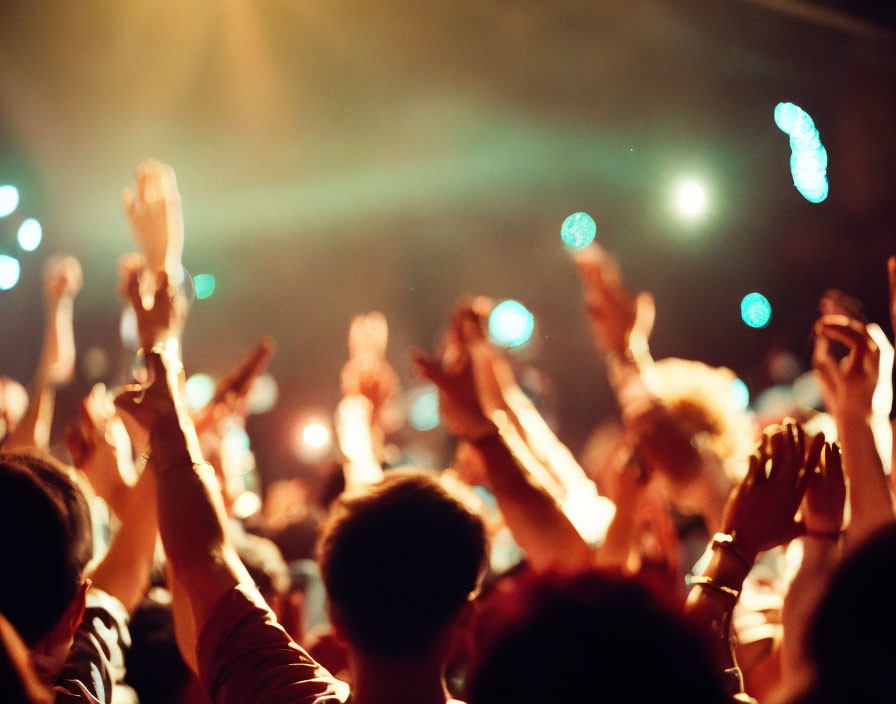 Vibrant live concert scene with cheering crowd and stage lighting