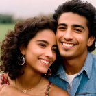 Smiling young couple embracing outdoors in denim shirt and floral dress