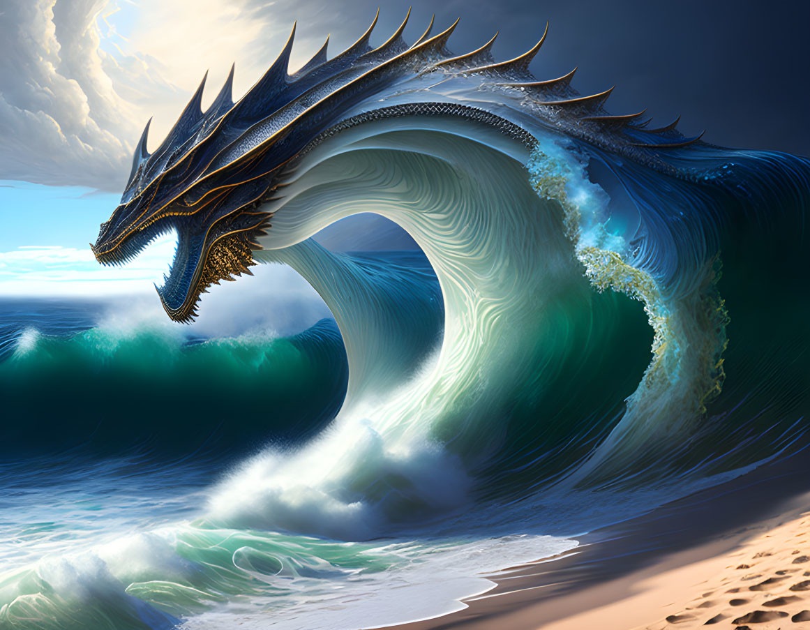 Mystical dragon emerging from ocean wave against dramatic sky