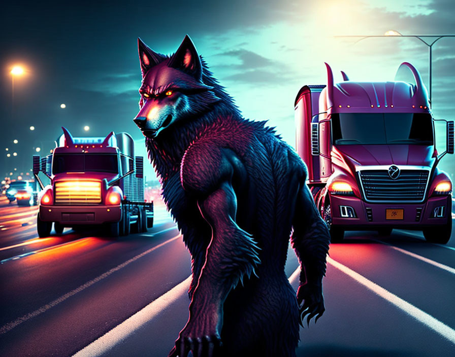 Muscular anthropomorphic wolf on highway at night with passing trucks