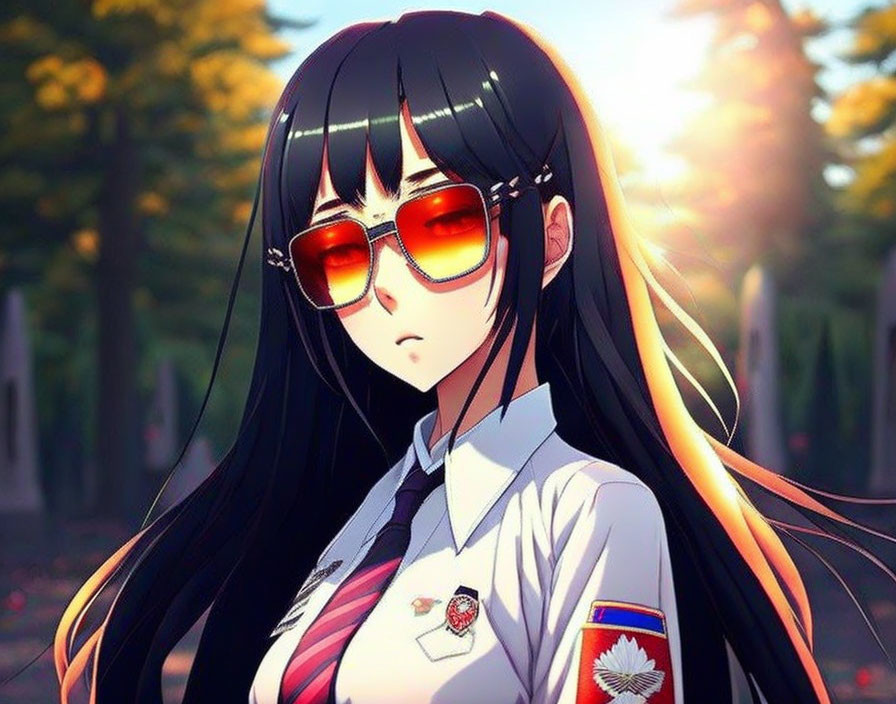 Anime character with long black hair, red sunglasses, and school uniform in sunny outdoor setting