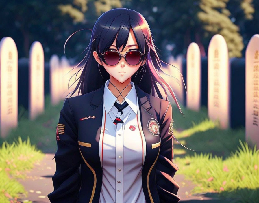 Anime-style female character with long black hair in navy school uniform with red trim, standing among sunlit