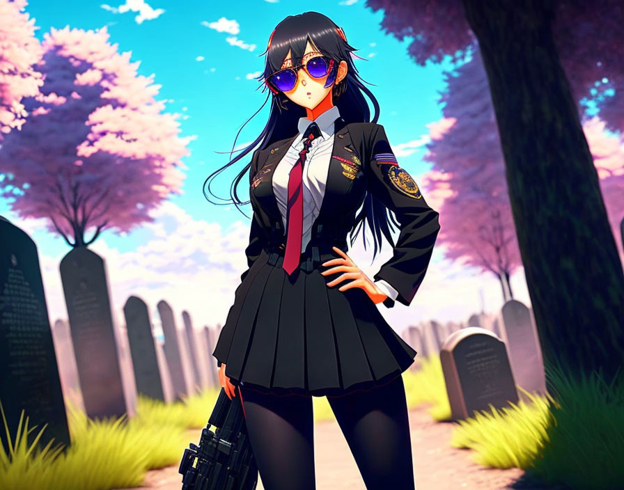 Anime-style female character with long black hair in dark uniform, badge, sunglasses, red tie, holding