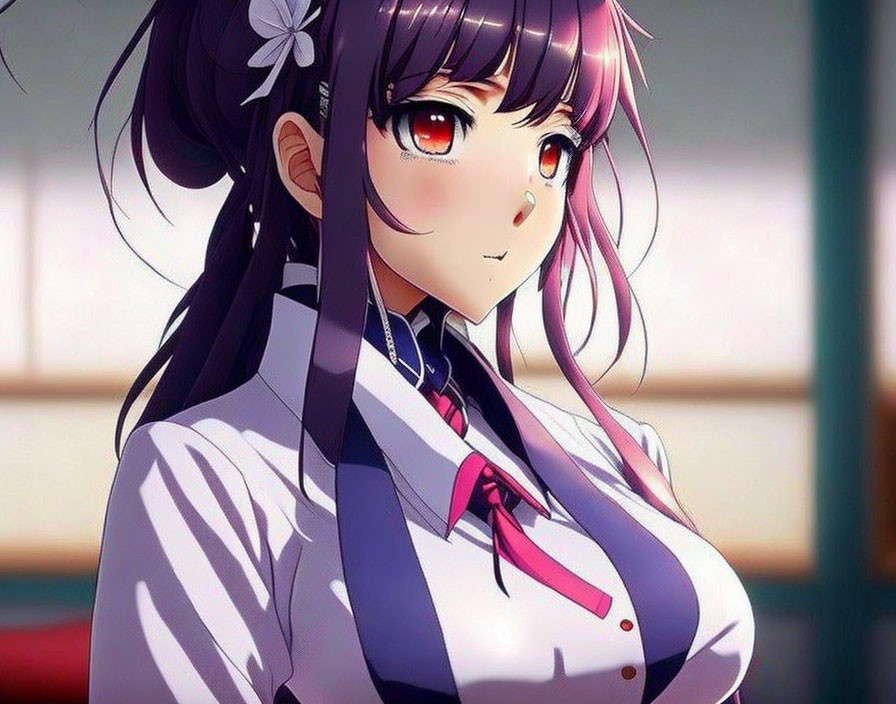 Anime girl with large amber eyes and purple bow, white blouse, blue collar.