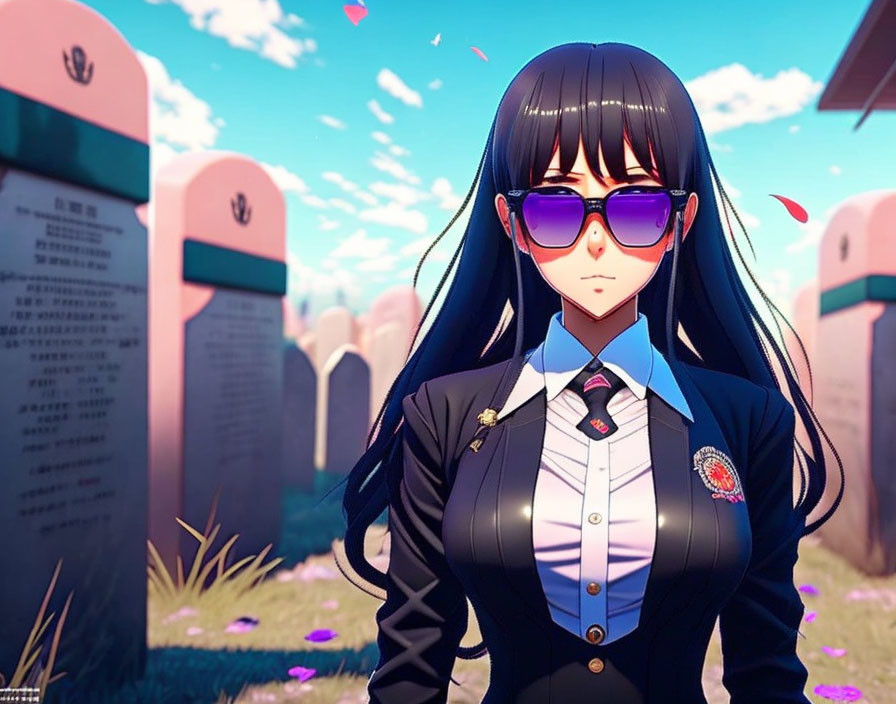 Long Black-Haired Anime Female in School Uniform with Sunglasses Amidst Pink Petals and Tombstones